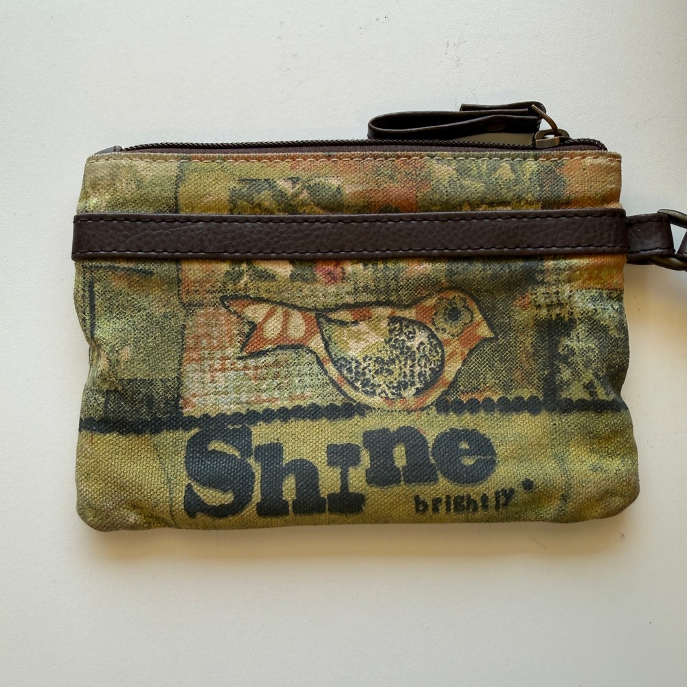 Kelly Rae Roberts Shine Brightly Bird Art Canvas Wristlet Clutch Green Brown
